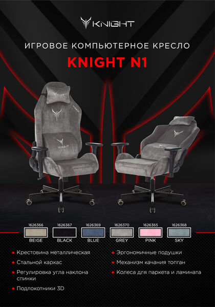 Кресло Knight N1 SKY (Game chair Knight N1 Fabric grey/l.blue Light-28 headrest cross metal) артикул A148246-1-7